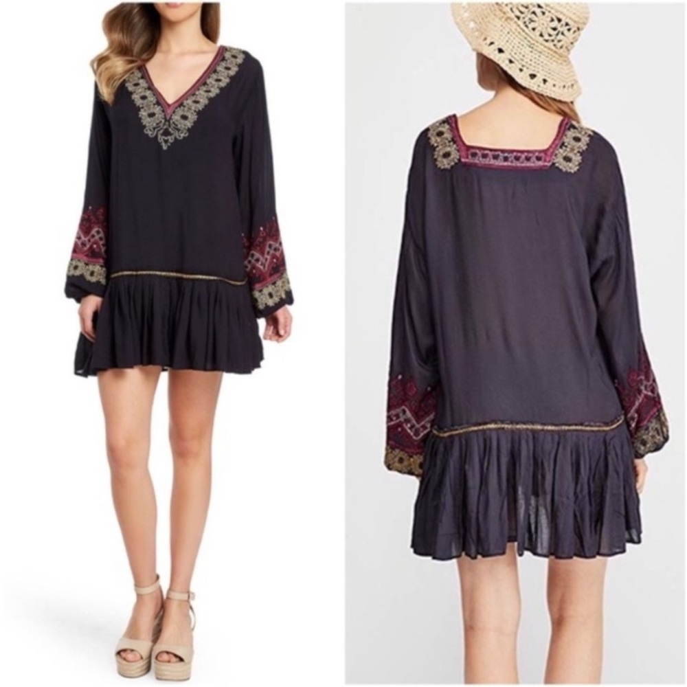 Free People Black Embroidered Long Sleeve Boho Mini Dress